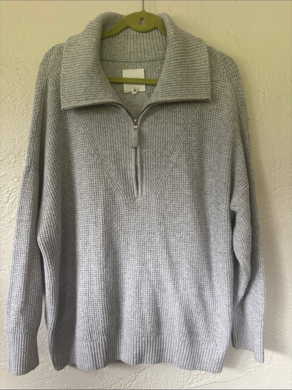 aerie Light Gray Cotton Blend Waffle Knit Quarter Zip Oversized Sweater L